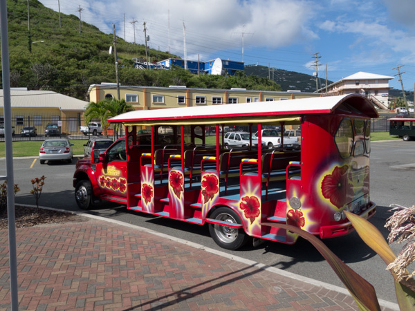 An open-air taxi takes visitors from the cruise terminal to all points on St. Thomas in the US Virgin Island