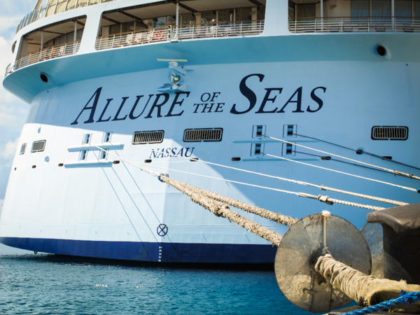 Lines tie down the Royal Caribbean Allure of the Seas while at port in Sint Maarten