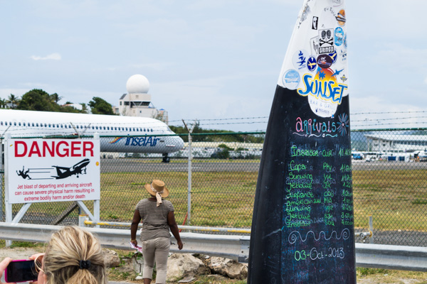 The Arrivals Board at the Sunset Bar and Grill on the south end of Maho Beach - a great place to watch the planes come and go from Princess Juliana Airport on Sint Maarten