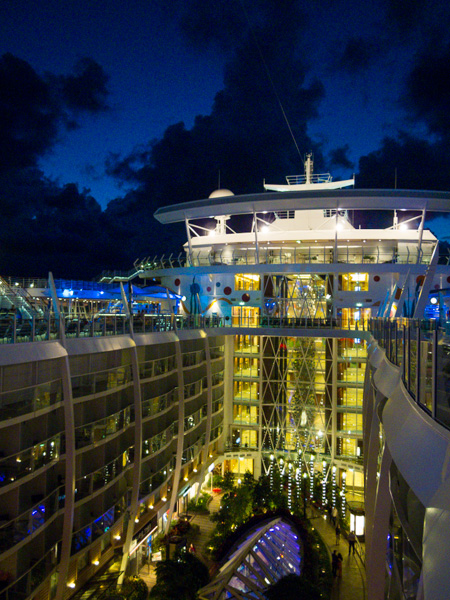 Looking down on Central Park at night - a feature of Deck 8 onboard the Royal Caribbean Allure of the Seas