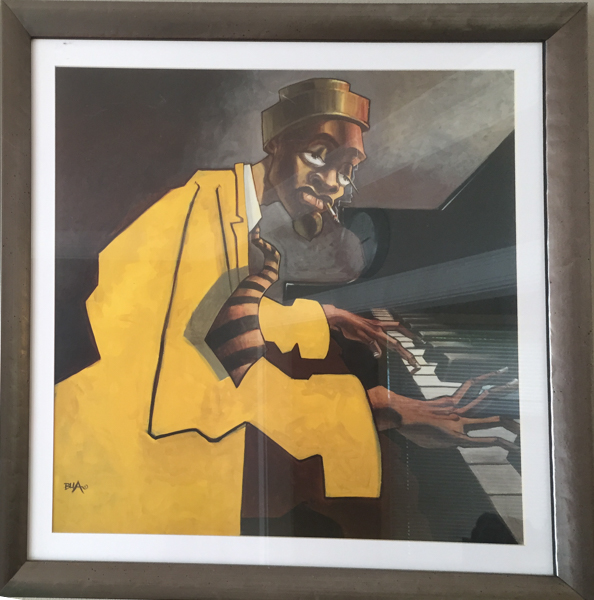 Justin Bua framed art print - Piano Man.  Antique finished wood frame with white matte. Measures 27" square. $50