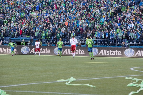 The crowd was on their feet through the entire match as the Seattle Sounders FC spared against the Portland Timbers for MLS play in 2013.  Event Photography by AShapiroStudios.com