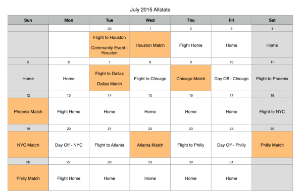 My initial internal calendar created as a quick reference for shooting the CONCACAF Gold Cup matches for Allstate