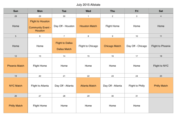 The final event photography calendar created after changes from the client as a quick reference for shooting the CONCACAF Gold Cup matches for Allstate