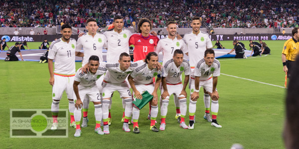 Starters for the current Mexico Men's National Team, including current goalkeeper Memo Ochoa (in red), line up for a pre-match team photo inside NRG Stadium. Houston Event Photography ©2015 Ari Shapiro - AShapiroStudios.com