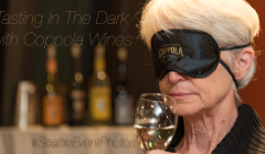 At the Space Needle in Seattle, members of the media and VIPs were invited to a Tasting In The Dark of Francis Ford Coppola wines. This sensory experience challenged guests to pick out aromas of base flavors then a flight of 4 of the company's bottlings - all while blindfolded. Hobey Wedler, a graduate student working toward his PhD in Chemistry (and blind since birth) led the group through the experience. Seattle Corporate Event Photography ©2015 Ari Shapiro - AShapiroStudios.com